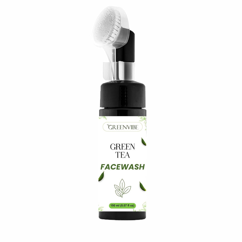 GreenVibe Green Tea Face Wash with Deep Cleansing Brush | Oil Control & Acne Care Cleanser for Fresh, Clear & Healthy Skin | Gentle Daily Use Face Wash (150ml)