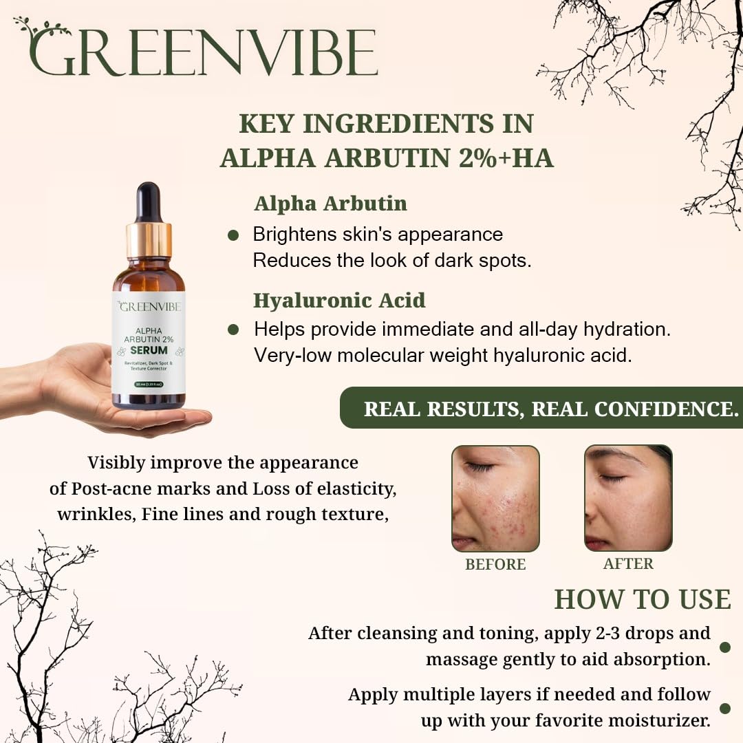 Greenvibe Alpha Arbutin 2% Face Serum for Dark Spots, Hyperpigmentation & Uneven Texture – Made in India, 30ml Brightening & Skin Revitalizer