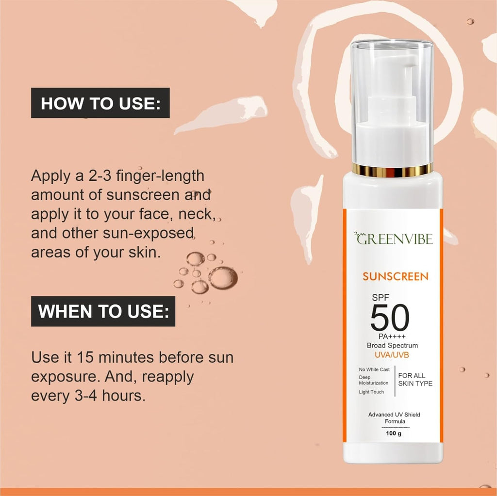Greenvibe Sunscreen SPF 50 PA++++ Broad Spectrum UV Protection Face & Body Sunblock | No White Cast Lightweight Moisturizing Sunscreen for All Skin Types | UVA & UVB Protection (100g)