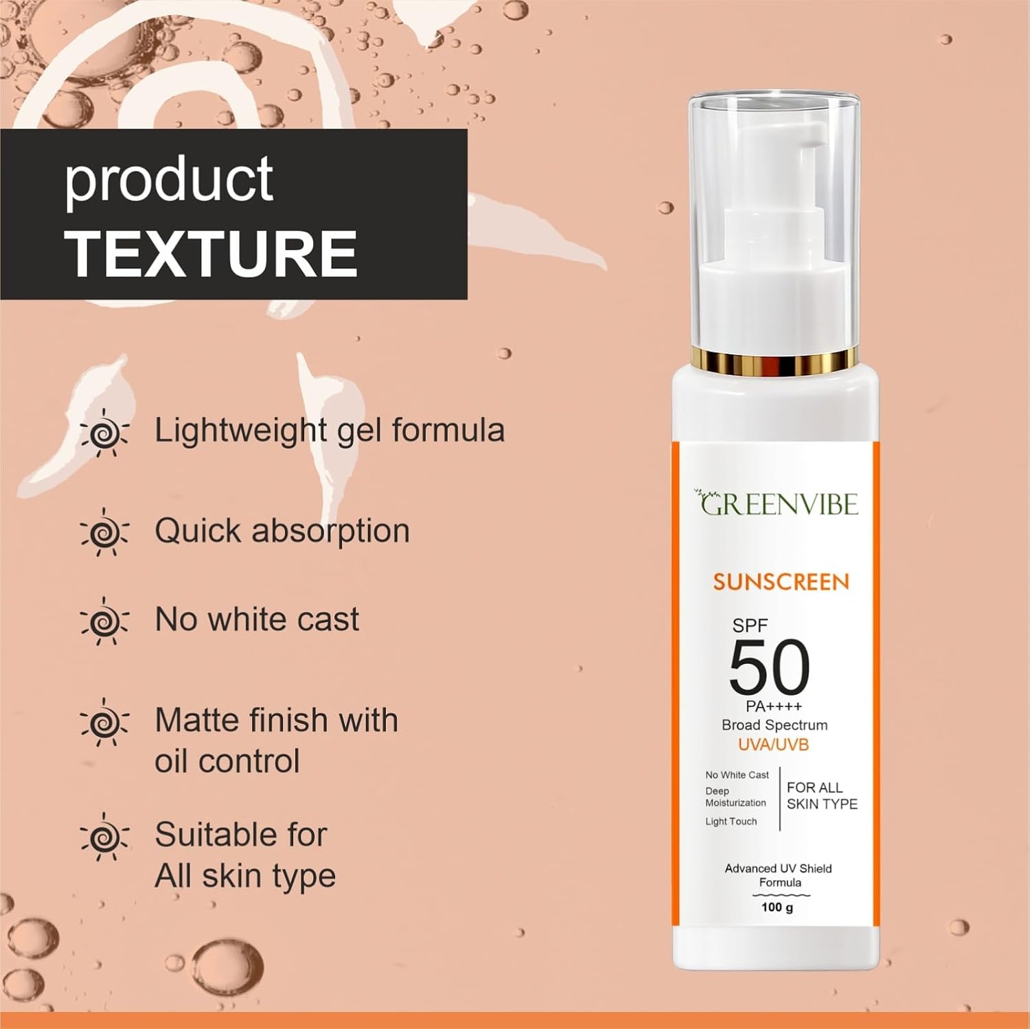 Greenvibe Sunscreen SPF 50 PA++++ Broad Spectrum UV Protection Face & Body Sunblock | No White Cast Lightweight Moisturizing Sunscreen for All Skin Types | UVA & UVB Protection (100g)