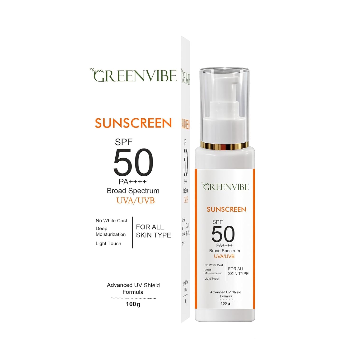 Greenvibe Sunscreen SPF 50 PA++++ Broad Spectrum UV Protection Face & Body Sunblock | No White Cast Lightweight Moisturizing Sunscreen for All Skin Types | UVA & UVB Protection (100g)