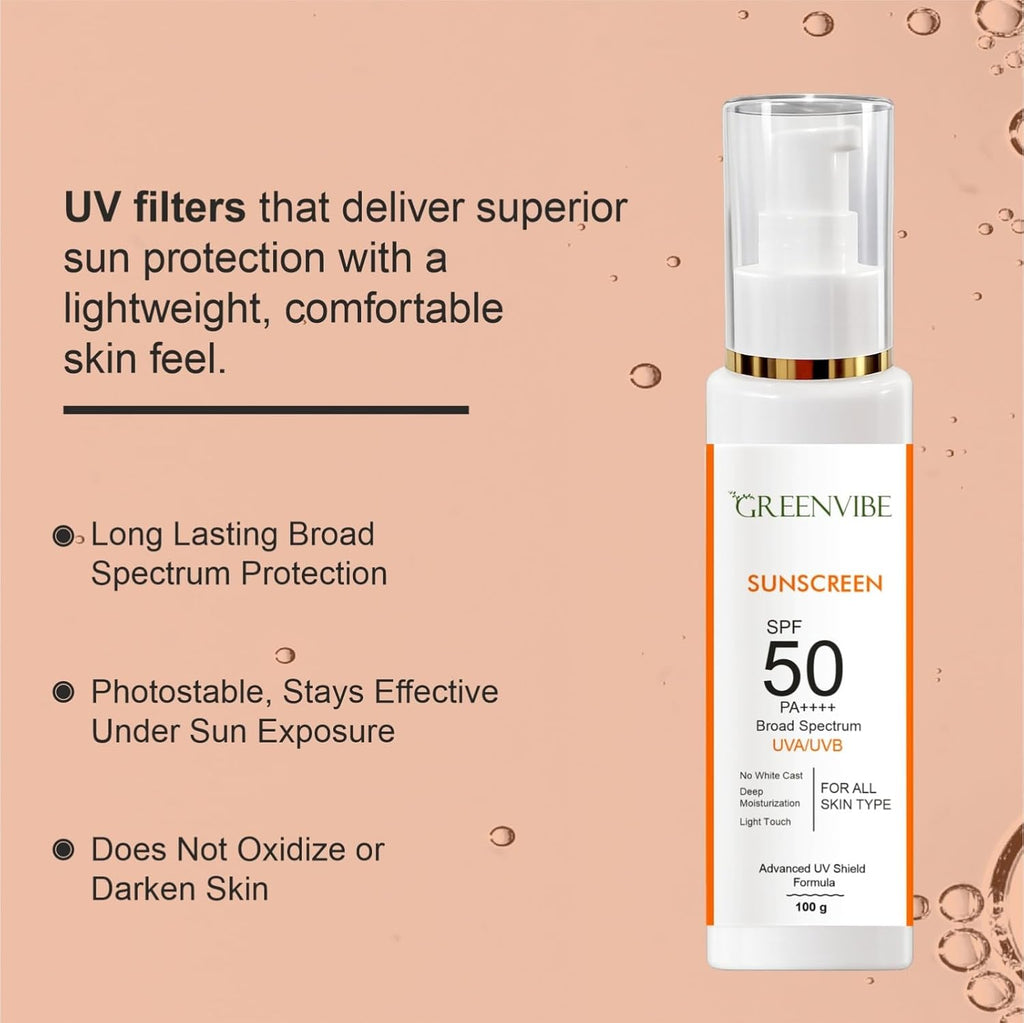 Greenvibe Sunscreen SPF 50 PA++++ Broad Spectrum UV Protection Face & Body Sunblock | No White Cast Lightweight Moisturizing Sunscreen for All Skin Types | UVA & UVB Protection (100g)