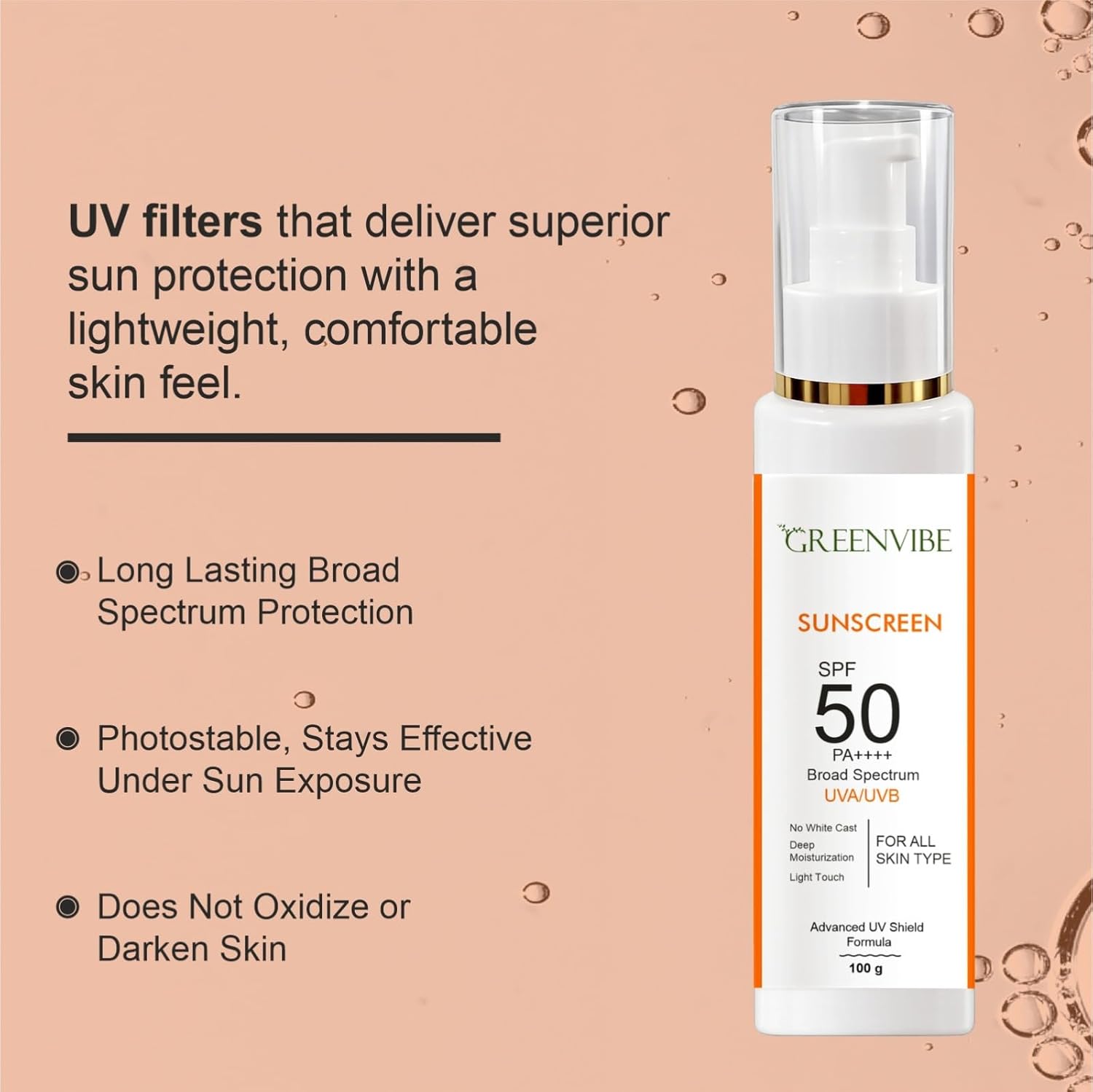 Greenvibe Sunscreen SPF 50 PA++++ Broad Spectrum UV Protection Face & Body Sunblock | No White Cast Lightweight Moisturizing Sunscreen for All Skin Types | UVA & UVB Protection (100g)
