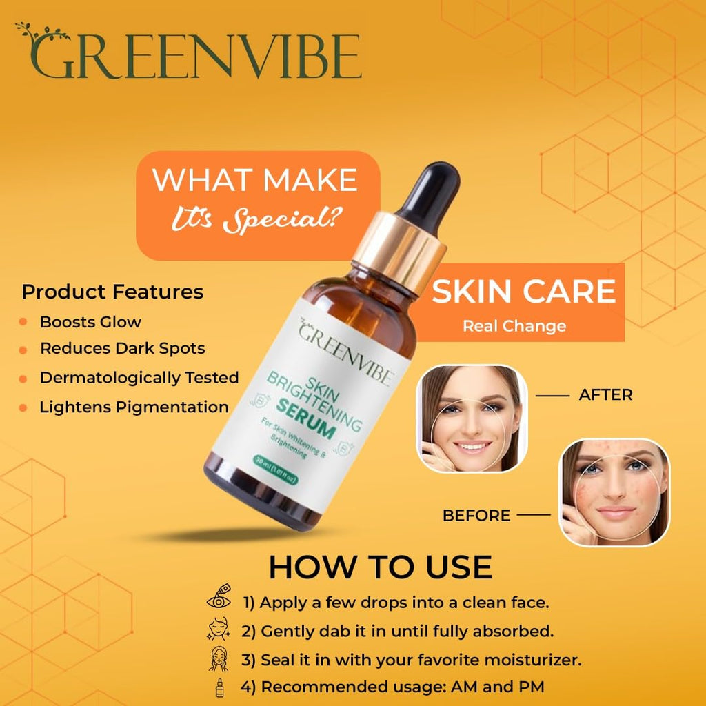 Greenvibe Skin Brightening Face Serum for Dark Spots, Pigmentation & Glowing Skin – Made in India, 30ml Radiance Boosting Serum