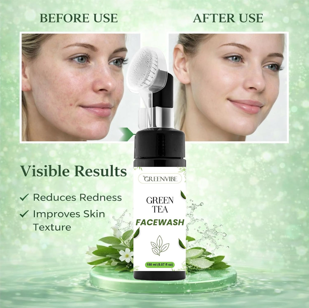 GreenVibe Green Tea Face Wash with Deep Cleansing Brush | Oil Control & Acne Care Cleanser for Fresh, Clear & Healthy Skin | Gentle Daily Use Face Wash (150ml)
