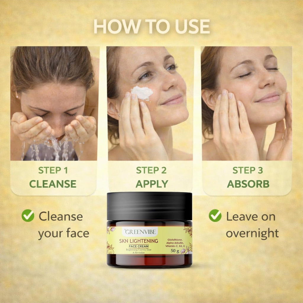 GreenVibe Skin Lightening Face Cream with Glutathione, Alpha Arbutin, Vitamin C, Vitamin B3 & E | Brightening, Even Skin Tone & Dark Spot Reduction Hydrating Daily Face Cream (50g)