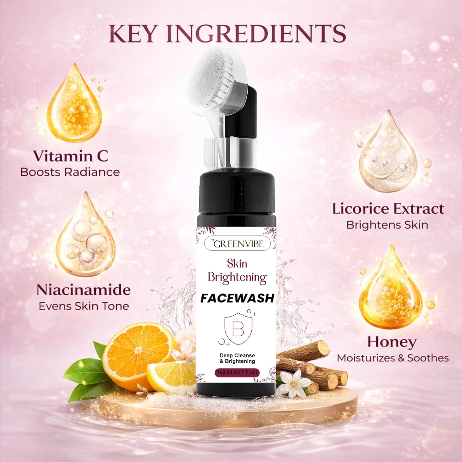GreenVibe Skin Brightening Face Wash with Deep Cleansing Brush | Gentle Daily Cleanser for Radiant, Even Skin Tone | Glow, Smooth & Healthy Skin Face Wash (150ml)