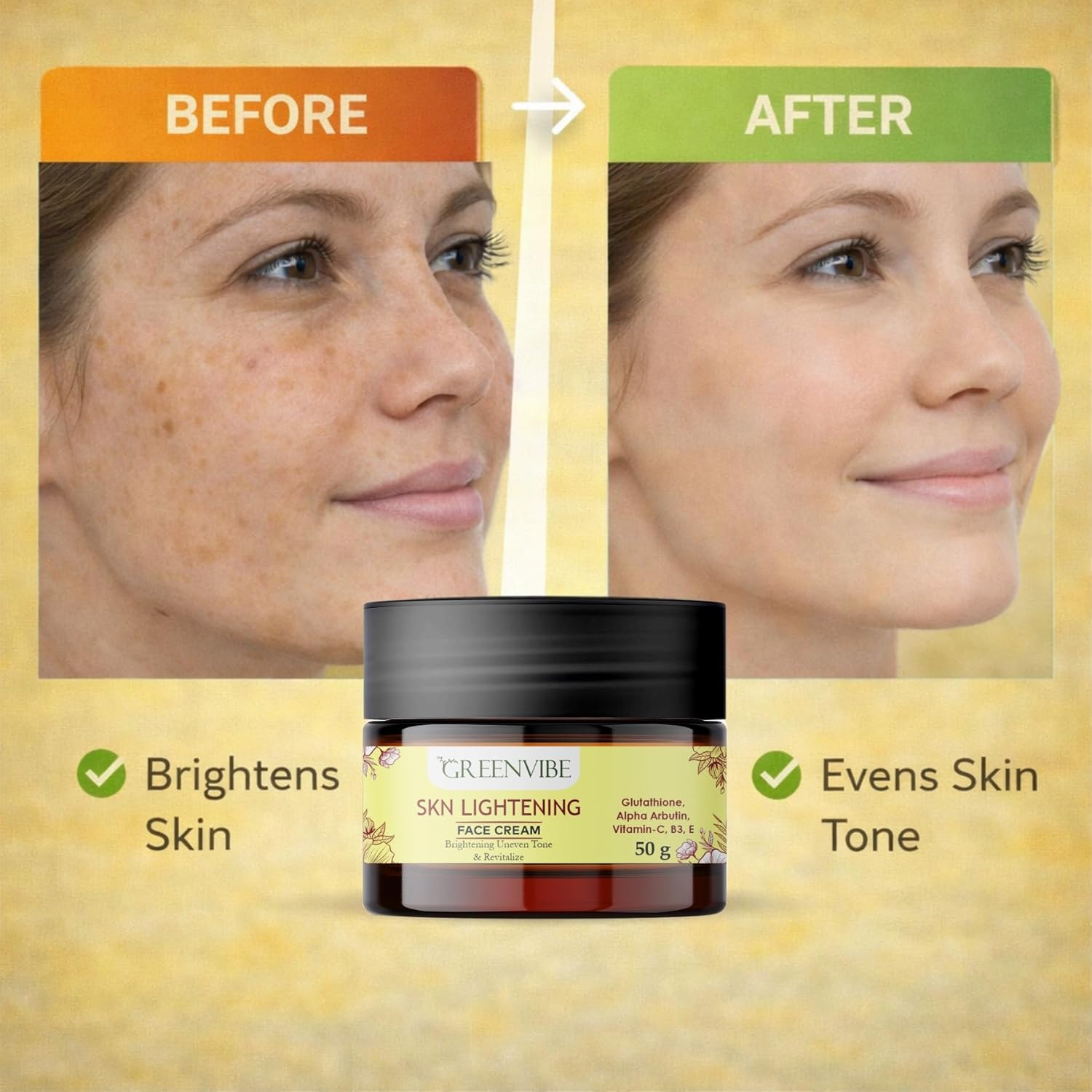 GreenVibe Skin Lightening Face Cream with Glutathione, Alpha Arbutin, Vitamin C, Vitamin B3 & E | Brightening, Even Skin Tone & Dark Spot Reduction Hydrating Daily Face Cream (50g)