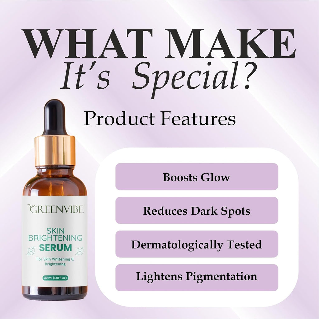 Greenvibe Skin Brightening Face Serum for Dark Spots, Pigmentation & Glowing Skin – Made in India, 30ml Radiance Boosting Serum