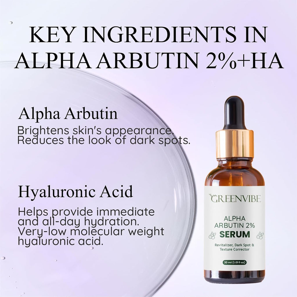 Greenvibe Alpha Arbutin 2% Face Serum for Dark Spots, Hyperpigmentation & Uneven Texture – Made in India, 30ml Brightening & Skin Revitalizer