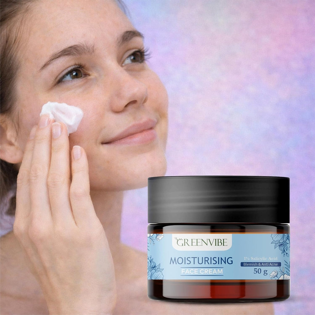 GreenVibe Moisturising Face Cream with 1% Salicylic Acid | Acne & Blemish Control Hydrating Daily Face Cream for Clear, Smooth & Healthy Skin | Oil Control Skincare Cream for Men & Women (50g)