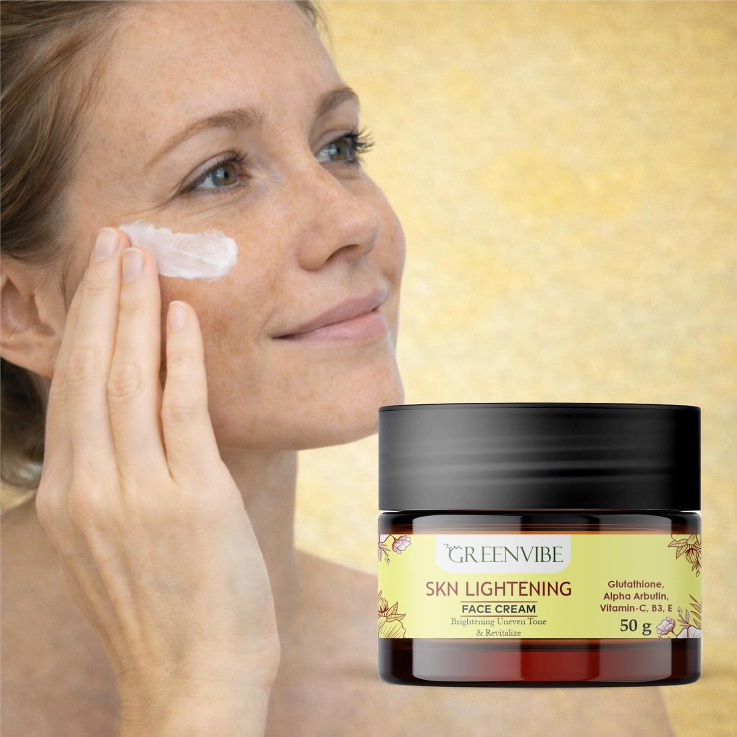 GreenVibe Skin Lightening Face Cream with Glutathione, Alpha Arbutin, Vitamin C, Vitamin B3 & E | Brightening, Even Skin Tone & Dark Spot Reduction Hydrating Daily Face Cream (50g)