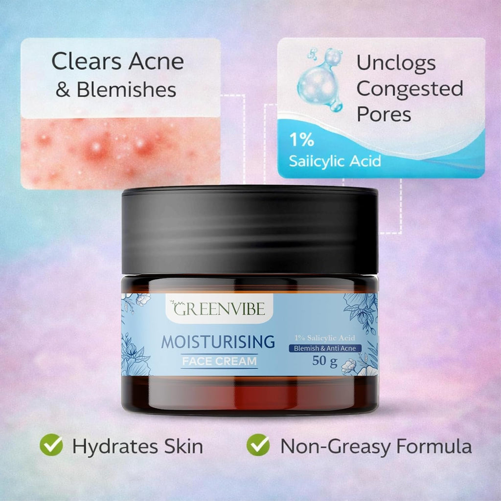 GreenVibe Moisturising Face Cream with 1% Salicylic Acid | Acne & Blemish Control Hydrating Daily Face Cream for Clear, Smooth & Healthy Skin | Oil Control Skincare Cream for Men & Women (50g)