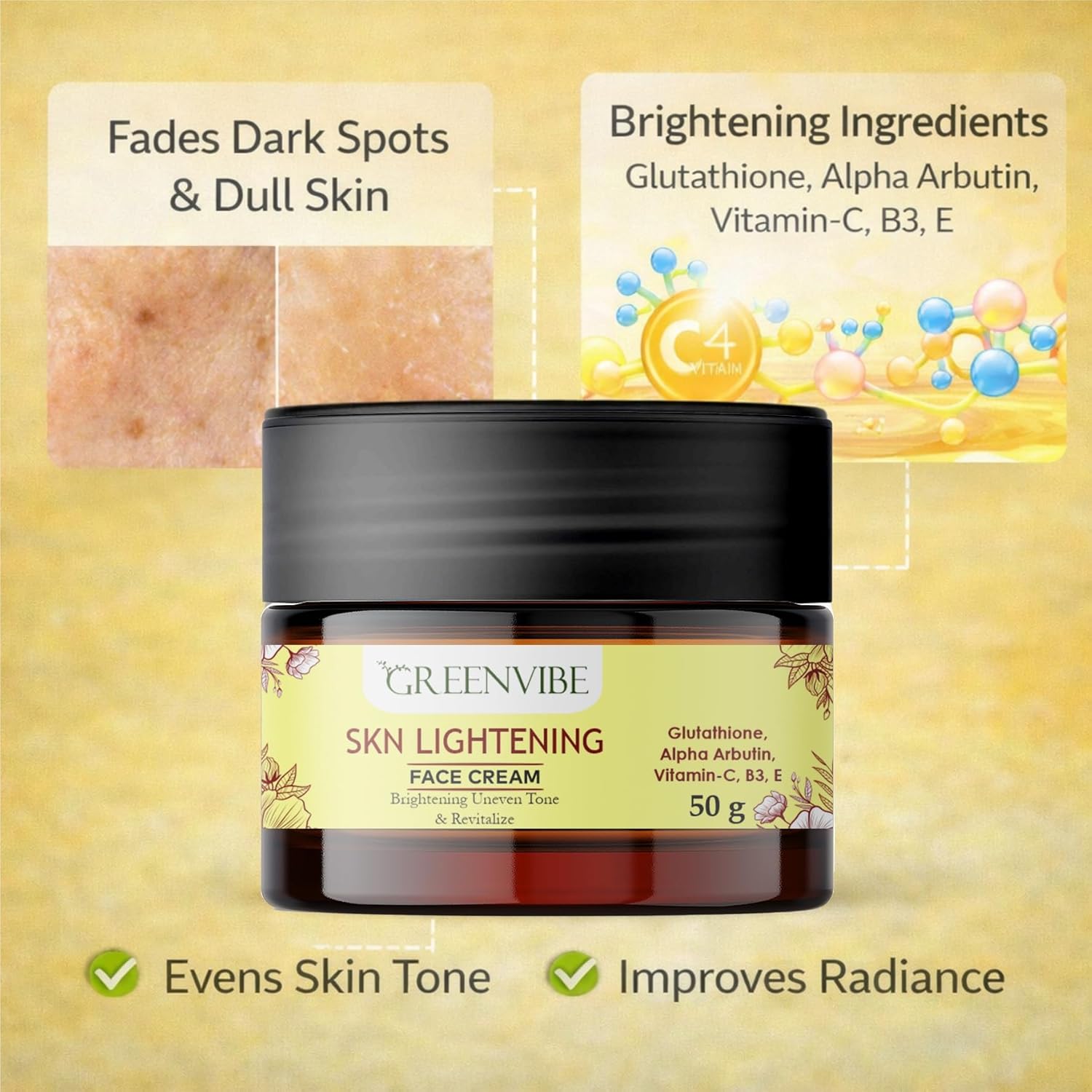 GreenVibe Skin Lightening Face Cream with Glutathione, Alpha Arbutin, Vitamin C, Vitamin B3 & E | Brightening, Even Skin Tone & Dark Spot Reduction Hydrating Daily Face Cream (50g)