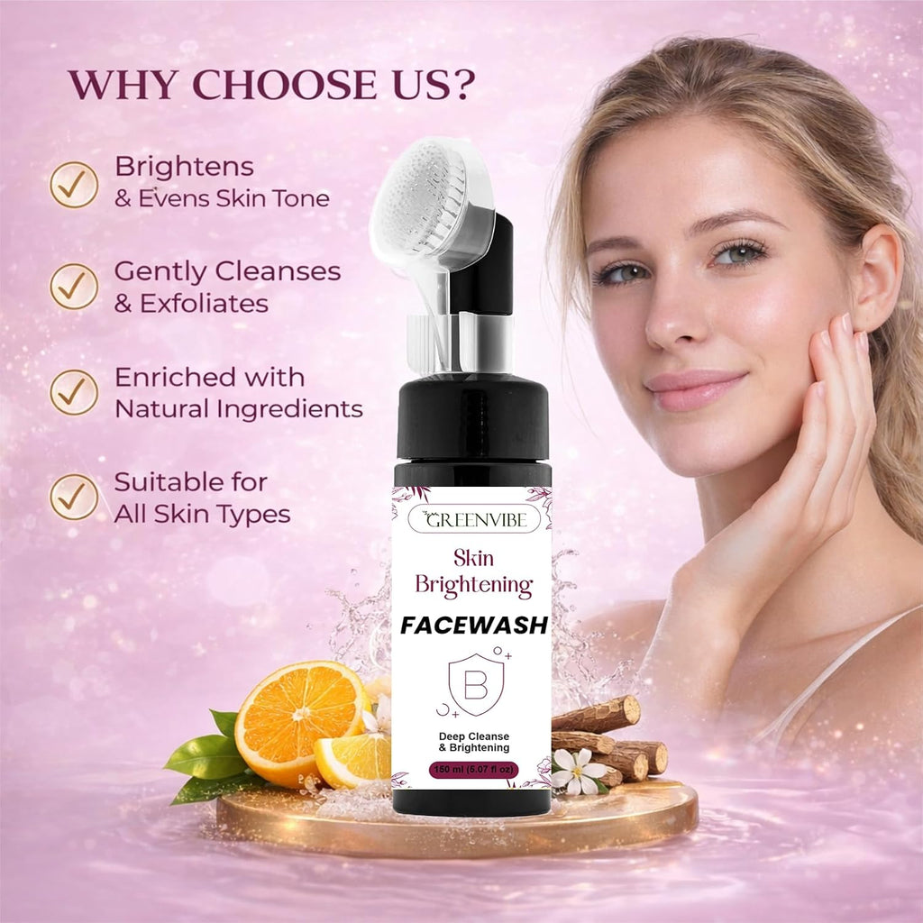 GreenVibe Skin Brightening Face Wash with Deep Cleansing Brush | Gentle Daily Cleanser for Radiant, Even Skin Tone | Glow, Smooth & Healthy Skin Face Wash (150ml)