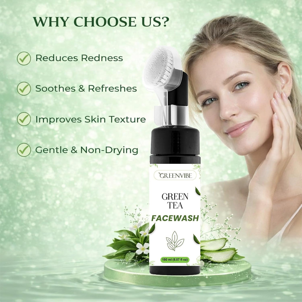 GreenVibe Green Tea Face Wash with Deep Cleansing Brush | Oil Control & Acne Care Cleanser for Fresh, Clear & Healthy Skin | Gentle Daily Use Face Wash (150ml)
