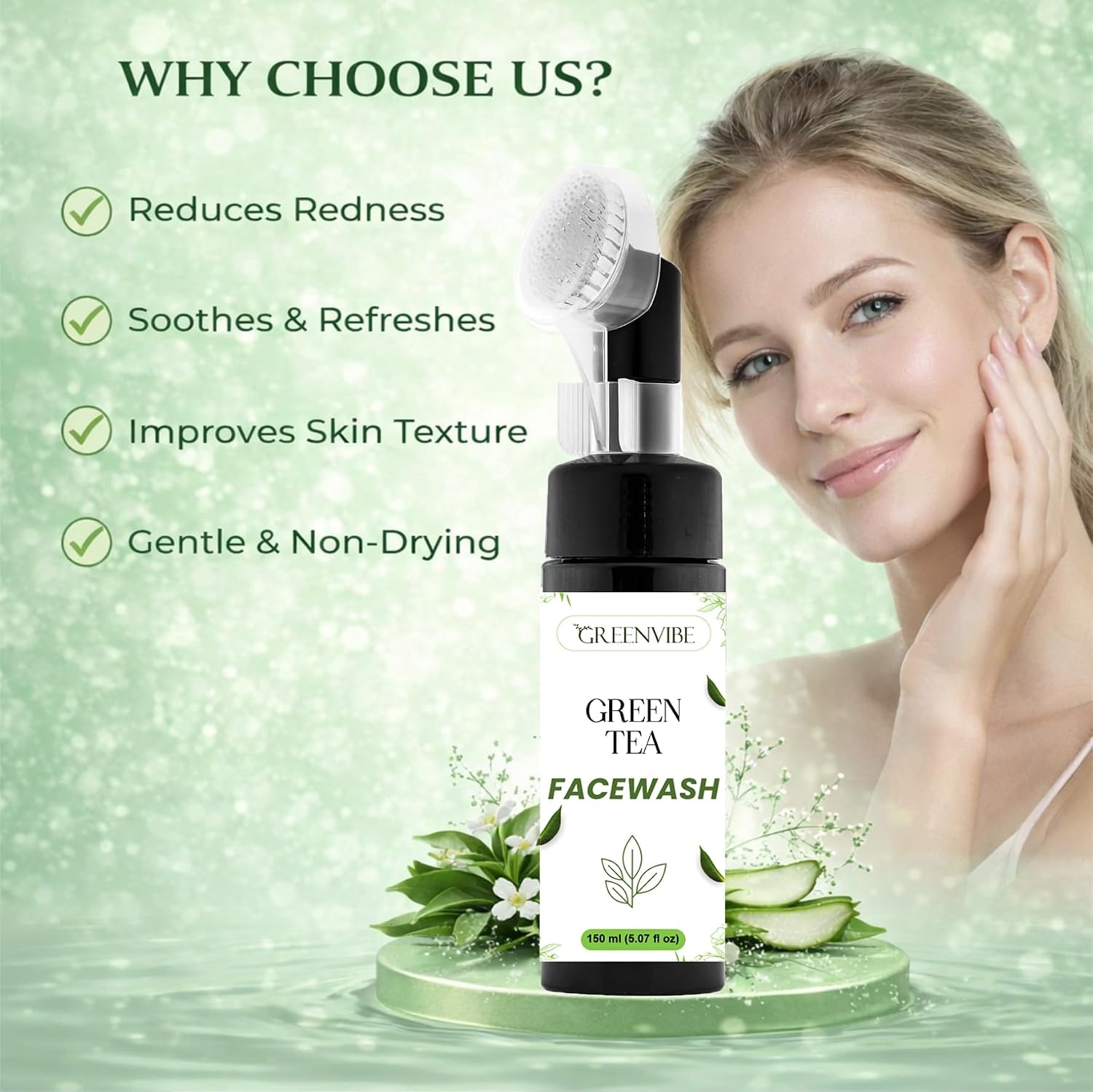 GreenVibe Green Tea Face Wash with Deep Cleansing Brush | Oil Control & Acne Care Cleanser for Fresh, Clear & Healthy Skin | Gentle Daily Use Face Wash (150ml)