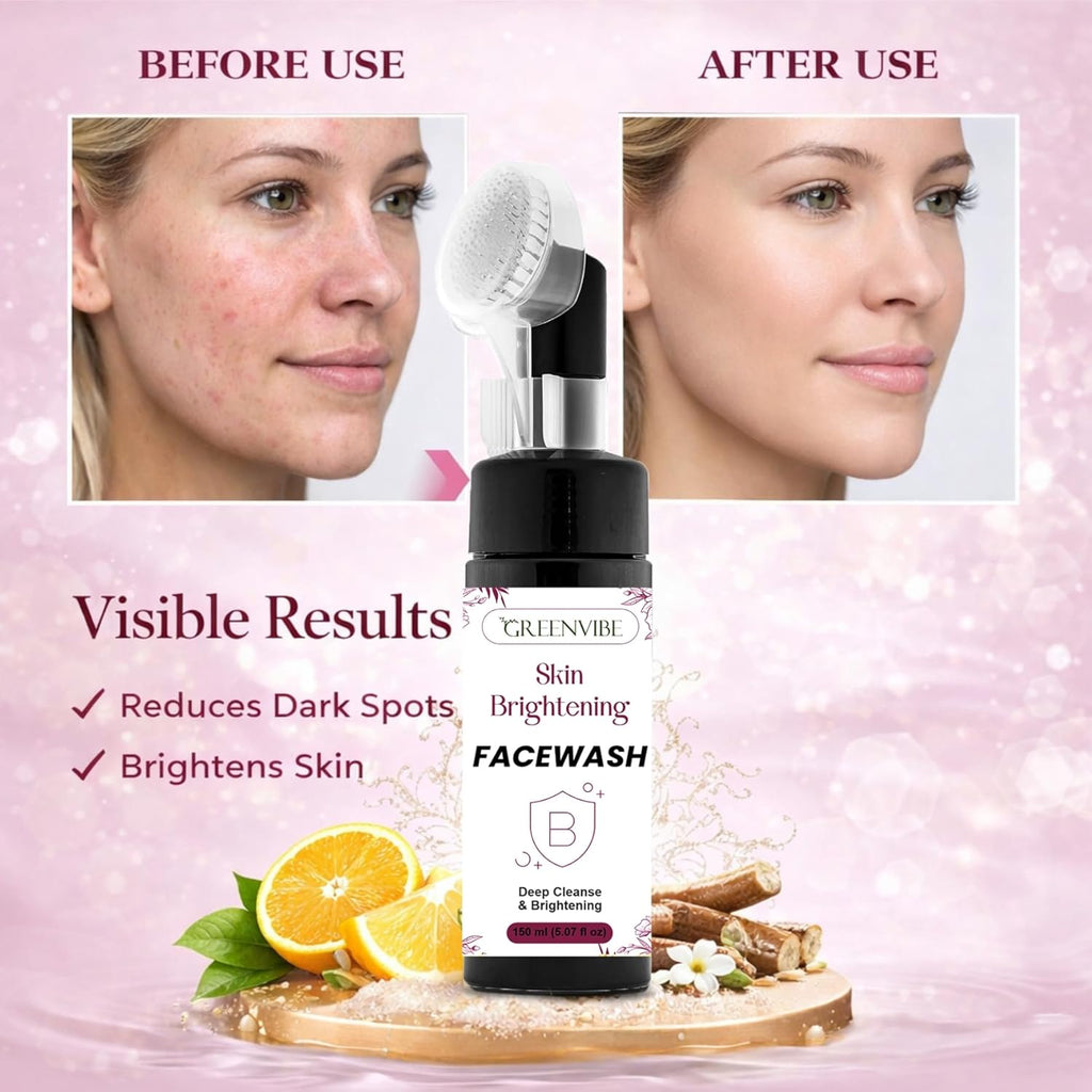 GreenVibe Skin Brightening Face Wash with Deep Cleansing Brush | Gentle Daily Cleanser for Radiant, Even Skin Tone | Glow, Smooth & Healthy Skin Face Wash (150ml)