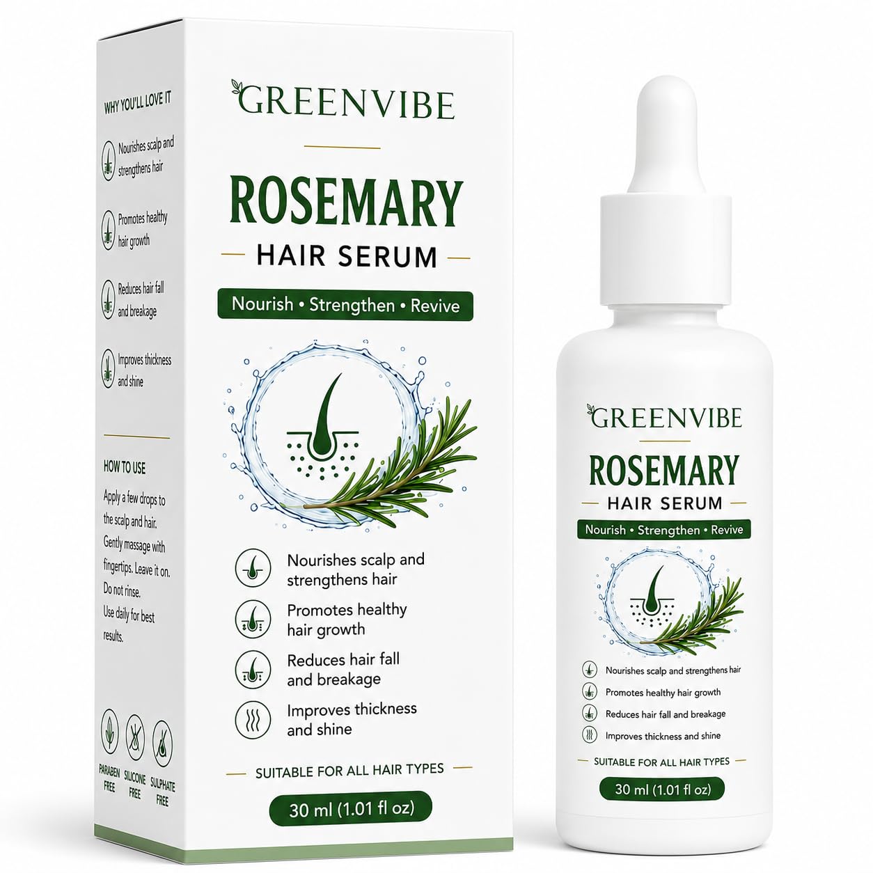 Rosemary Serum 30ml for Hair & Scalp Care | Helps Reduce Hair Fall & Breakage | Nourishes Scalp | Promotes Stronger Looking Hair | Lightweight Non Sticky Formula | Suitable for All Types