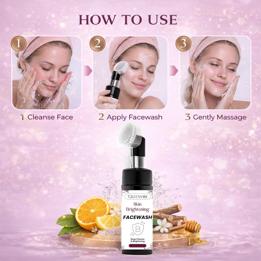 GreenVibe Skin Brightening Face Wash with Deep Cleansing Brush | Gentle Daily Cleanser for Radiant, Even Skin Tone | Glow, Smooth & Healthy Skin Face Wash (150ml)