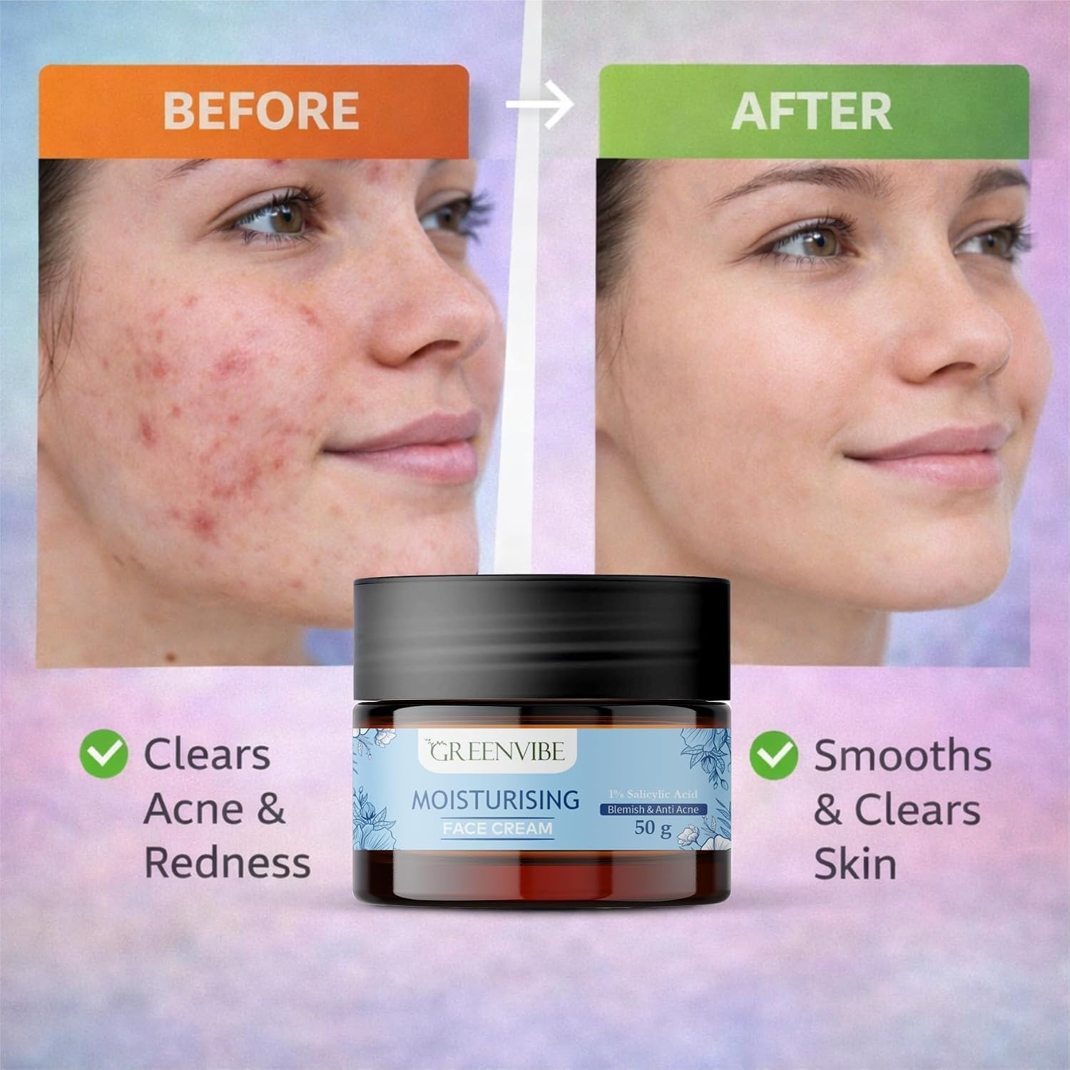 GreenVibe Moisturising Face Cream with 1% Salicylic Acid | Acne & Blemish Control Hydrating Daily Face Cream for Clear, Smooth & Healthy Skin | Oil Control Skincare Cream for Men & Women (50g)