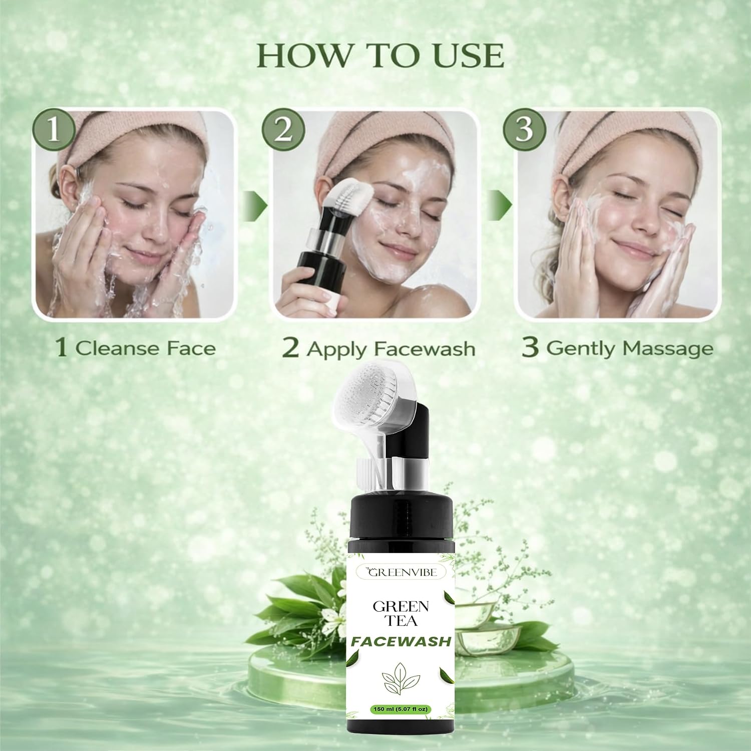 GreenVibe Green Tea Face Wash with Deep Cleansing Brush | Oil Control & Acne Care Cleanser for Fresh, Clear & Healthy Skin | Gentle Daily Use Face Wash (150ml)