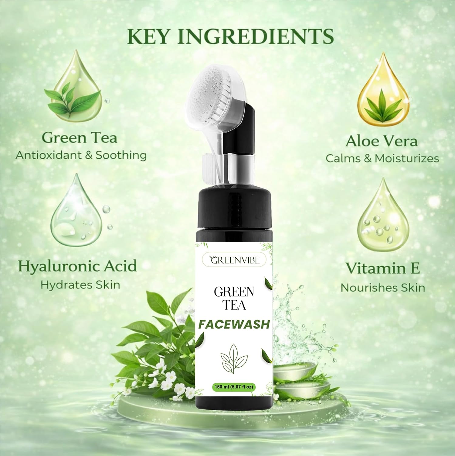 GreenVibe Green Tea Face Wash with Deep Cleansing Brush | Oil Control & Acne Care Cleanser for Fresh, Clear & Healthy Skin | Gentle Daily Use Face Wash (150ml)