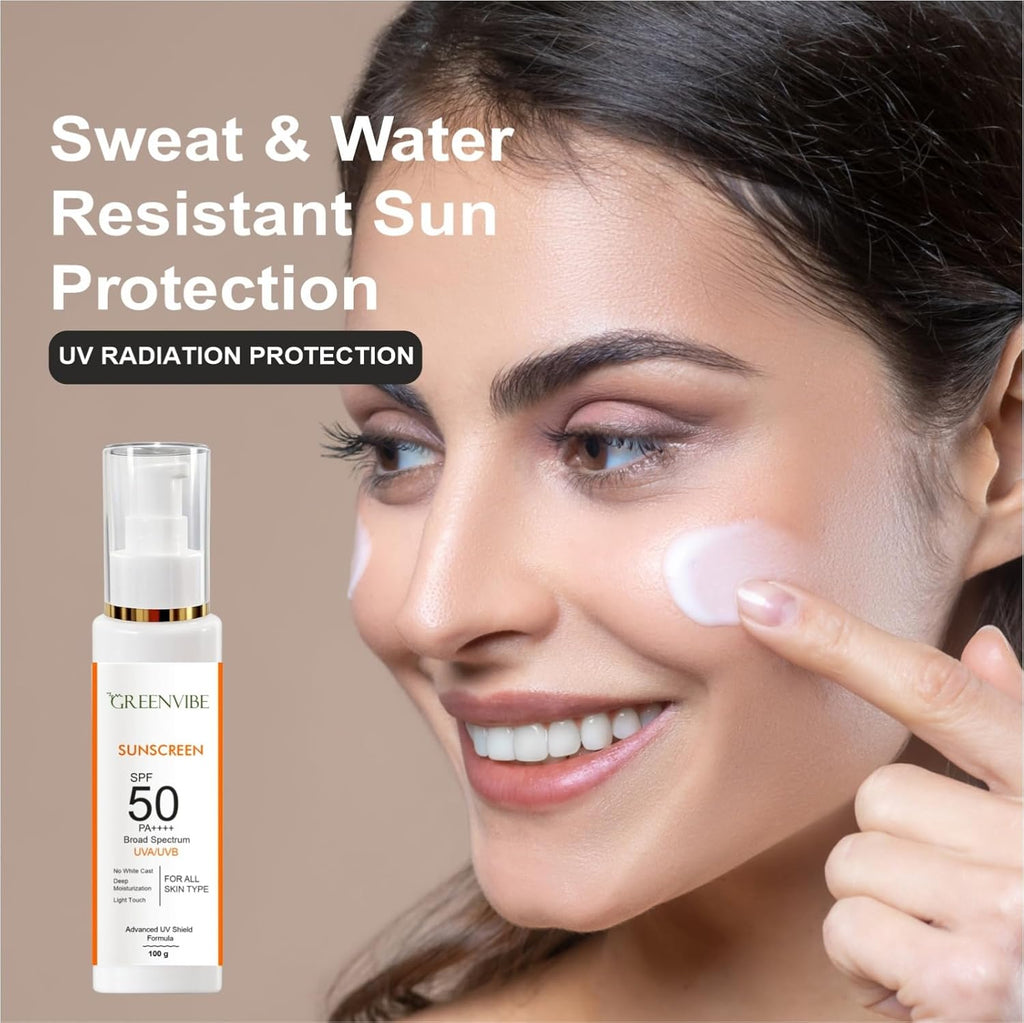 Greenvibe Sunscreen SPF 50 PA++++ Broad Spectrum UV Protection Face & Body Sunblock | No White Cast Lightweight Moisturizing Sunscreen for All Skin Types | UVA & UVB Protection (100g)